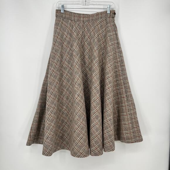 Vtg The Villager Wool Circle Skirt Glen Plaid Cream Tan Ankle Maxi Pockets 12/28 - Picture 1 of 13